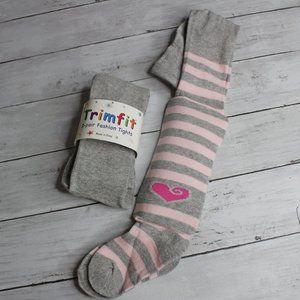 Trimfit Girl's Knit Tights Youth Size 4-6 Solid Gray Pink Stripe Heart